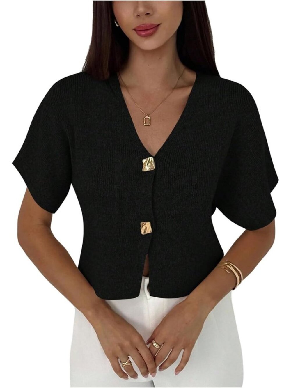 Women's Plain Black Short Sleeve V Neck Cardigan Button Down Knit Tops Sweater